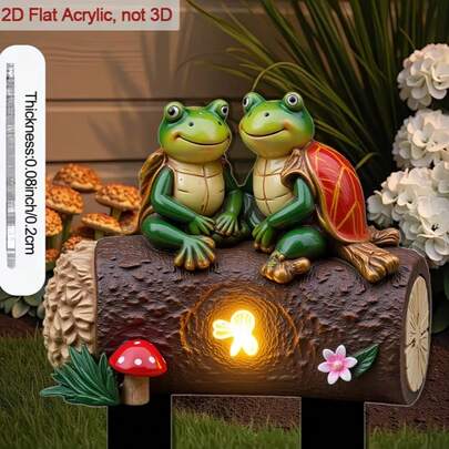 1pc 2D Flat Acrylic Garden Stake With Two Frogs Sitting On Wood Design - Green And Orange Outdoor Decor, Pointed Bottom For Flower Pots, Lawn, Garden - Durable Acrylic, Easy To Install, Fairytale Charm Decor, Lawn Highlight, Gravesite Decor, Garden Decor, Outdoor Garden Decoration