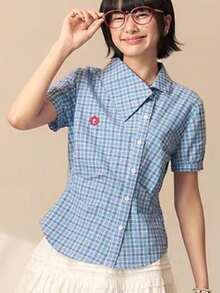 Áo sơ mi kẻ caro cổ lệch màu xanh dương kiểu Hàn Quốc, phong cách thường ngày thanh lịch. - Màu xanh lam - Xem 3