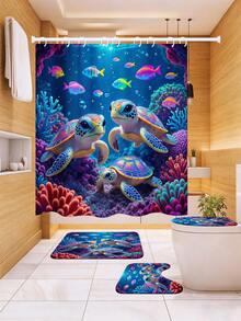 1/3/4件套彩色珊瑚礁和卡通海龟印花浴帘浴室套装,热带海洋风格防水现代家居浴室装饰浴帘,72英寸*72英寸浴室隔断浴帘,包含12个挂钩,浴室配件 - 马桶盖套、浴垫和地毯,涤纶面料 - 可水洗,适用于家庭浴室/西式浴室/酒店/度假租赁/水族馆/儿童房深海主题浴室装饰,四季皆宜,乔迁礼物,母亲节礼物 - 海龜 - 查看 7