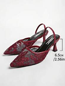 New Chinese Style White High Heel Mules, Pointed Toe Lace Embroidery Convertible Sandals For Women,Summer Shoes - Burgundy - View 7