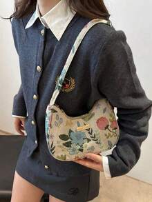 时尚百搭纯色新款印花单肩包，休闲简约法棍小方包，女士 - 米色 - 查看 5