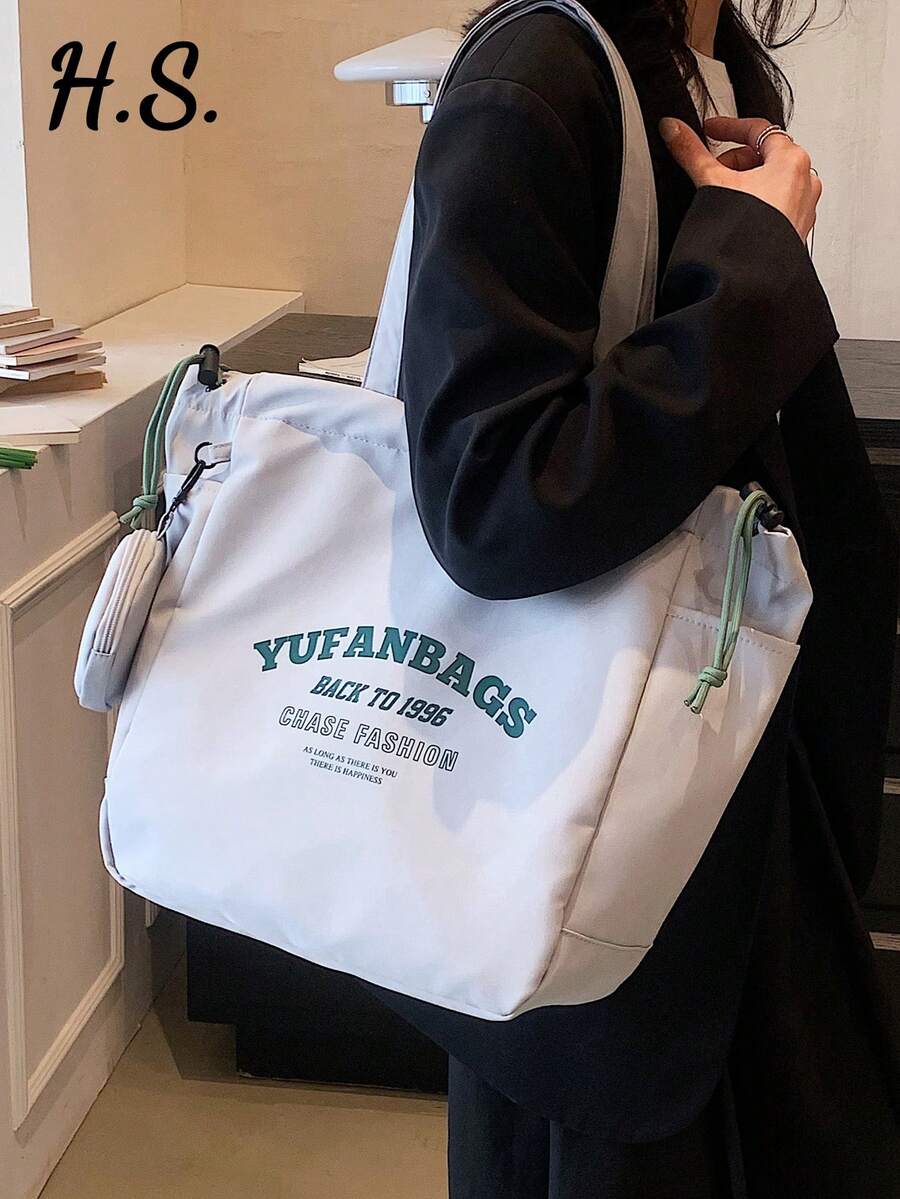 Korean & Japanese Style Drawstring Canvas Tote Bag With Coin Purse, 2pcs Set, Fashion Minimalist Large Capacity Shoulder Bag, Casual Versatile Letter Print Handbag, Suitable For Daily Use, School, College, Short Trip