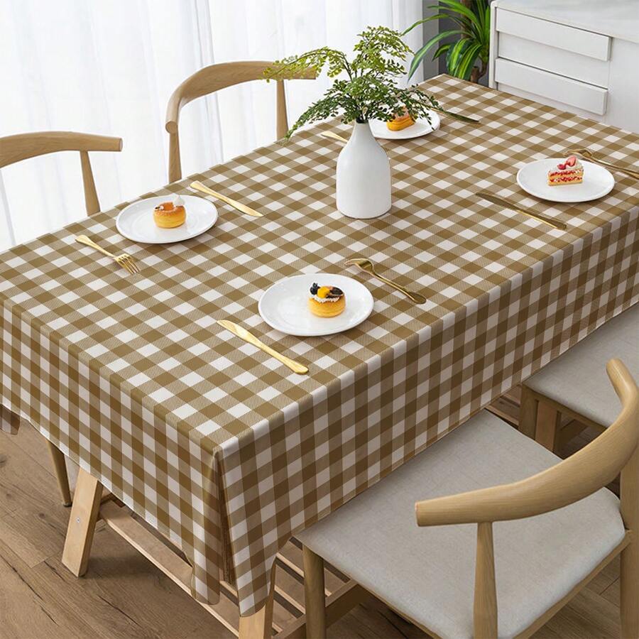 卡其色斜纹格子涤纶桌布，适用于餐厅、派对、野餐、婚礼、日常使用 - 卡其色 - 查看 1