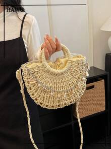 1pc Semi-Circle Hollow Handbag, Fashionable Beach Vacation Straw Bag - Beige - View 2