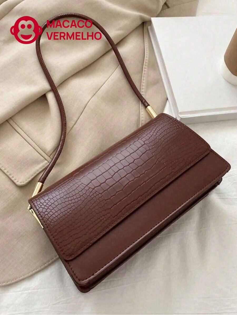 Fashionable Shoulder Bag With Embossed Flap And Crocodile Print. - Marrón - Ver 1