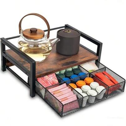 Coffee And Tea Storage CabinetTea Bag Organizer Holder Wood Tea Box Organizer With 6 Compartments Storage Drawer Rustic Brown Tea Station Chest Countertop Display Storage Container Box For Kitchen Tea Station Chest
