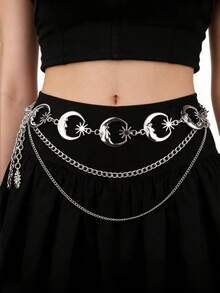 1 pieza Vestido con diseño de media luna multicapa y cadena de metal para la cintura para mujeres, para el verano y la escuela - Plateado - Ver 3
