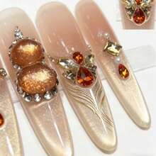 10Pcs Amber Rhinestone Cat Eye Press-On Nails, Long Coffin Gradient False Nails With 3D Gems, Reusable Luxury Manicure For Women Wedding Party Prom - Coral Pink - View 5