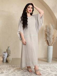 Đầm Ramadan truyền thống thanh lịch thêu họa tiết kiểu Ả Rập dành cho nữ năm 2026, chất liệu giả vải lanh, cổ ren, tay áo cách điệu, dáng maxi thời trang. - Màu be - Xem 8