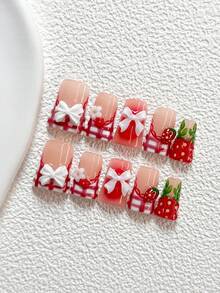 10Pcs Sweet Strawberry Style Handmade Nail Art Set,Unghie Press On,A Bow And Small Red And White Flowers Nail Art Accessories,Hand Sculpted Strawberry Nail Art Decorations,Line Nail Art Decorations,Red And White Nail Polish,Fresh Fruit Cluster Style,Comes With Nail Tools(1 Sheets Jelly Stickers+1PC Nail File)3 Sizes Available,Almond Nails, Duck Nails,Coffin Nails,Suitable For Reunion,Daily,Party,Photograph,Play,Spring Summer,Commute Supplies Nails - Nhiều màu - Xem 17