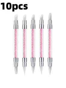 5pcs/Set Pink Double-Ended Rhinestone Nail Art Silicone Carving Pen, 3D Flower Carving DIY Nail Brush Dotting Pen - Pink - View 12