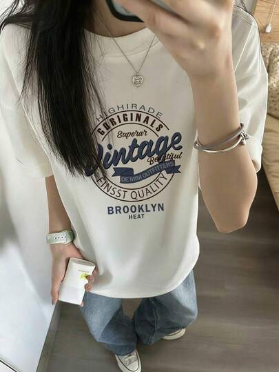 女士休闲宽松圆领短袖印花T恤，百搭日系风格，适合春夏穿着，白色