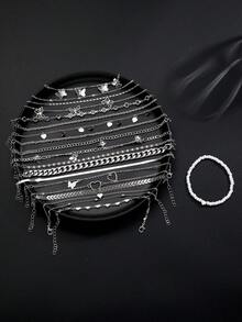 7/19 piezas Elegante conjunto de tobilleras bohemias multicapa con corazones y mariposas, accesorios para mujer para playa, uso diario, regalo de cumpleaños o Día de la Madre - Plateado - Ver 3