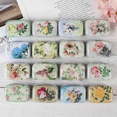 Hộp đựng đồ bằng kim loại nắp hoa cổ điển - Hộp nhỏ hình chữ nhật di động tiện dụng cho gia đình, văn phòng và du lịch - Hộp thiếc sắt có nắp hoa trang trí - Đa năng dùng để đựng đồ may vá và các vật dụng nhỏ.