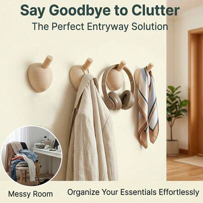 Wooden Cute Wall Hook, Adhesive Peel And Stick Easy Installation, Entryway Organizer Hook
