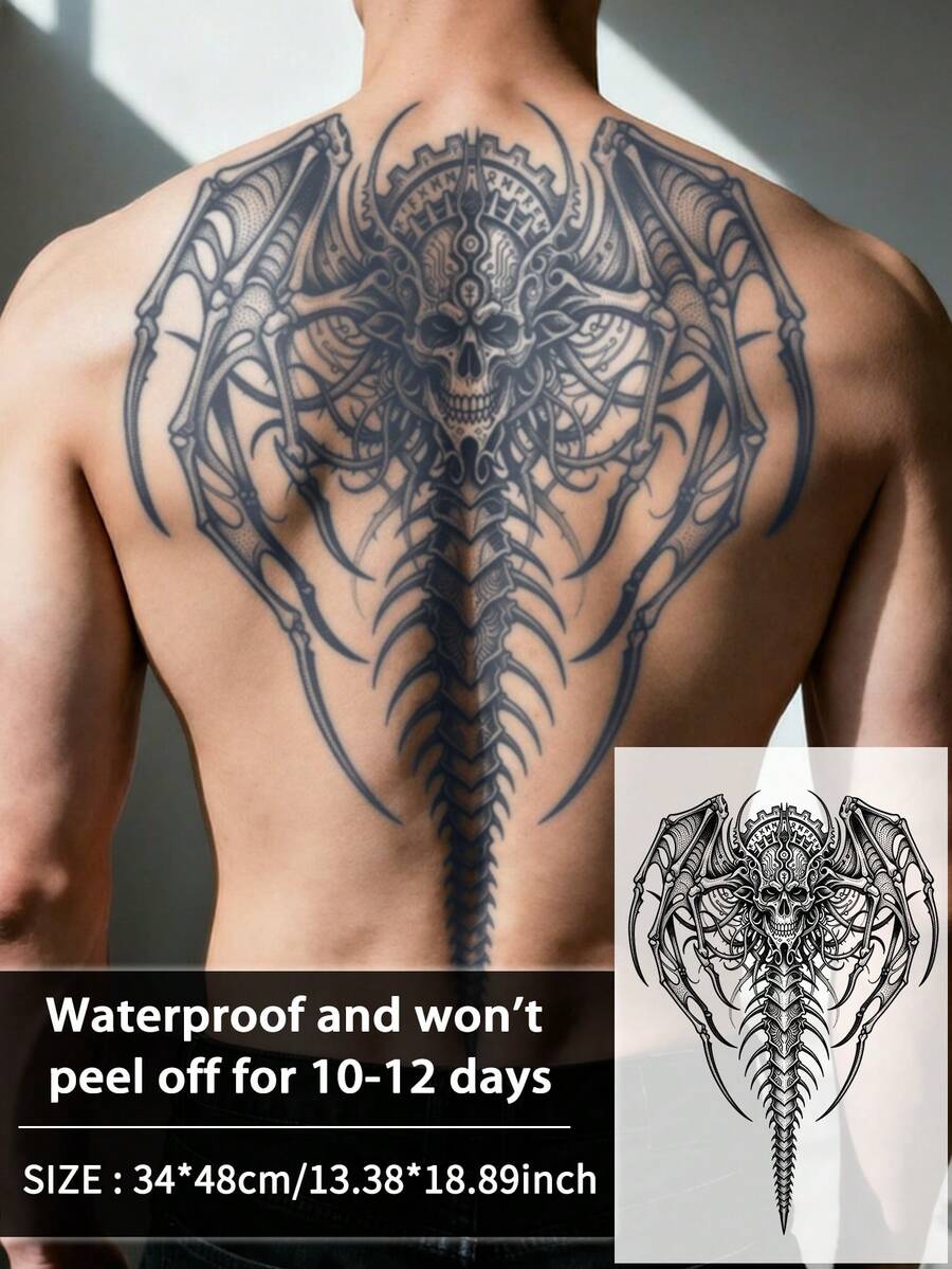 1Pc Men Tattoo Fake Back Temporary Tattoos Skull Y2K Geometric Semi Permanent Waterproof Sweatproof Last For 1-2 Weeks Realistic Herbal Juice Anti-Friction Non-Reflective Black For Men Tattoo Stickers For Arm, Chest, - HM062 - View 1