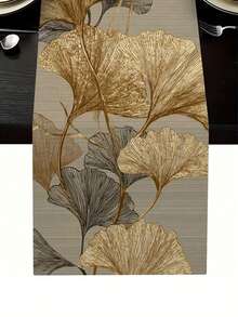 1pc Luxury New Chinese Style Ginkgo Leaf Print Decorative Table Runner, Modern Minimalist Gold Foil Ginkgo Leaf Table Runner Suitable For Dining Room, Kitchen, Living Room, Outdoor Patio, Garden Home Decor - Multicolor - View 4