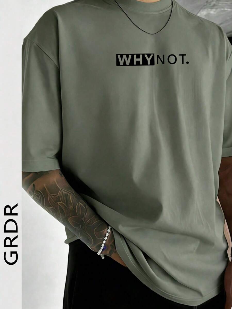GRDR Men's Summer Letter Slogan Graphic Print Round Neck Short Sleeve T-Shirt, Comfortable & Fashionable - Mint Green - View 1
