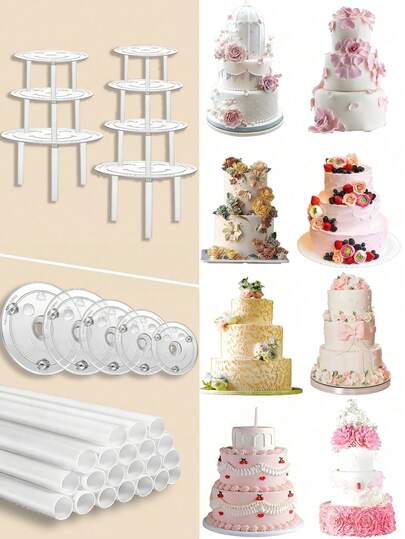 4/12/16pcs Transparent Cake Sticks Support Rods With 4 Cake Board Drums,White Plastic Cake Separator Plates For Tiered Cake Hollow Cake Sticks ,4, 6, 8, 10 Inch Cakes In The Party,Wedding,Birthday,Wedding Cake Building And Stacking,Tall Baking Creations, Cake Baking Supplies