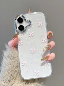 Transparent Butterfly Faux Pearl Decor Phone Case Compatible With  15,  16 Pro Max, Luxury Case Compatible With  13, 14, 12 Pro Max, 11, Shockproof Silicone Cover - Pink - View 3