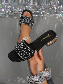 2026夏季新款，时尚经典，百搭水钻装饰粗跟女凉鞋 - 黑色 - 查看 15