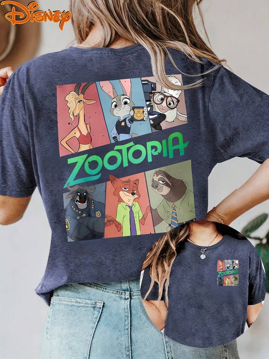 Disney License T Shirts,Disney Zootopia Women's Graphic T-Shirt, Retro Judy Hopps Nick Wilde Flash Slothmore Chief Bogo Bellwether Gazelle Cartoon Character Print Crew Neck Casual Loose Fit Short Sleeve Tee, Vintage Summer Casual Tops For Disney Theme Park Vacation Family Trip Daily Wear ,Camiseta, Summer Outfits For Women, Summer Clothes, Summer Tops, Tops For Women, Festival Outfits, Summer Tops For Women, Mother's Day, Mother's Day Clothing, Gifts For Family And Friends, Spring Outfits For Women, Officially Licensed Disney T-Shirts, Disney Men's And Women's Spring/Summer Fashion Casual Short-Sleeve T-Shirts - 藍色 - 查看 1