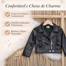 Girls' Faux Leather Jacket With Front Ruffle, Double-Sided Zipper, And Modern Collar – Black And Brown, Sizes 2 To 10 Years - 黑色 - 查看 5