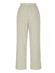 女士波西米亚风条纹直筒七分裤，抽绳设计，涤纶无弹力休闲裤，春季款 - 杏色 - 查看 4