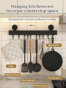 No Drilling Suction Cup Kitchen Hook Rack, Wall Mounted Utensil Hanger, Reusable Heavy Duty Hanging Rail For Pots, Pans, Spatulas, Space Saving Kitchen Storage Organizer, No Damage To Walls, Easy Install,Space Saving Kitchen Storage Organizer - Multicolor - View 7