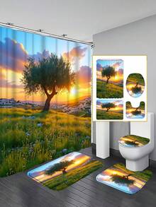1/3/4 Set Sunset Olive Tree Landscape Bathroom Shower Curtain Set; Healing Natural Scenery Design Style, Waterproof , Suitable For Bathroom Decor And Accessories. Size: 71"X71", Includes 12 Hooks, Toilet Seat Cover, Bath Mat And Rug, Made Of High-Quality Polyester Fabric, Washable And Mildew-Resistant, Ideal For Holiday Decor, Bathroom Setup, And Room Decoration - Sunset Olive Tree - View 2