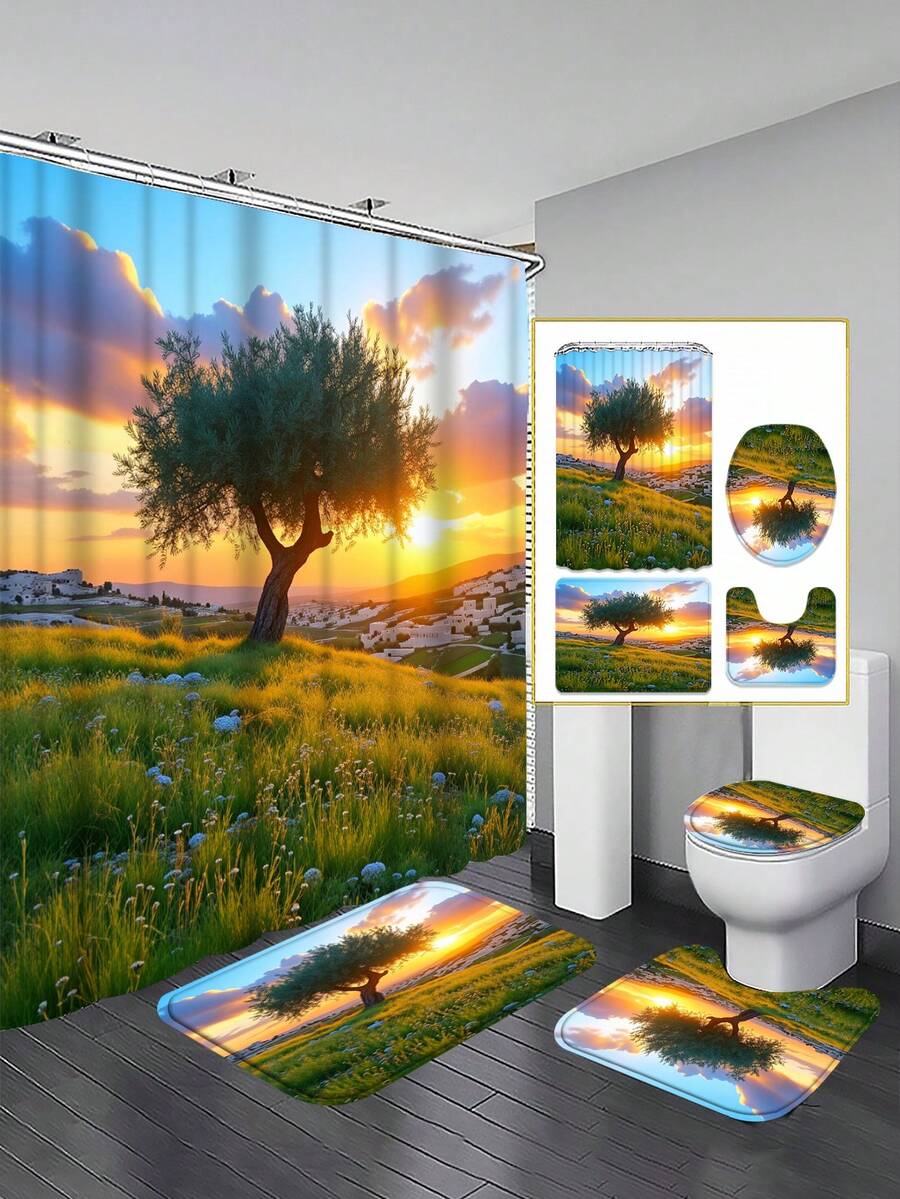 1/3/4 Set Sunset Olive Tree Landscape Bathroom Shower Curtain Set; Healing Natural Scenery Design Style, Waterproof , Suitable For Bathroom Decor And Accessories. Size: 71"X71", Includes 12 Hooks, Toilet Seat Cover, Bath Mat And Rug, Made Of High-Quality Polyester Fabric, Washable And Mildew-Resistant, Ideal For Holiday Decor, Bathroom Setup, And Room Decoration