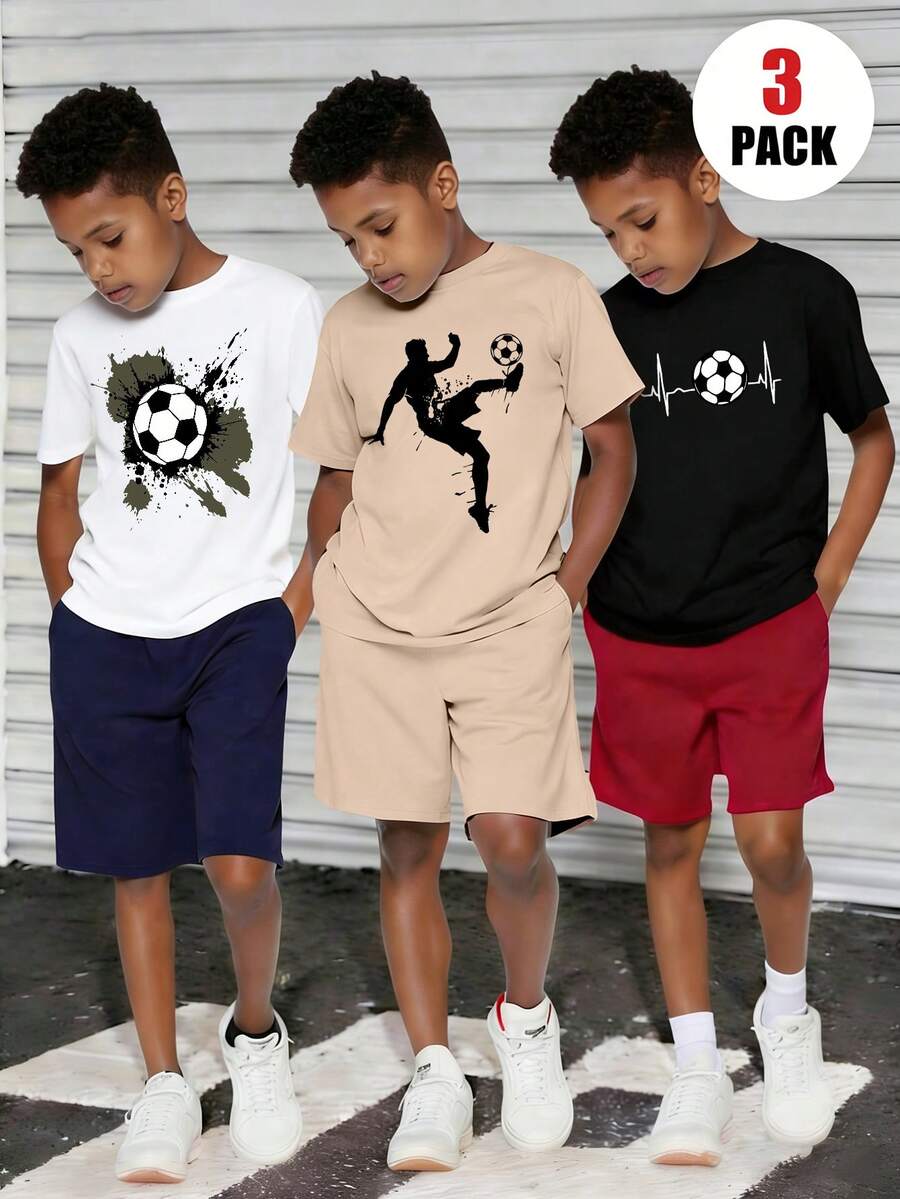 3pcs/Set Boys' Football Graphic Round Neck Sporty T-Shirts, Comfortable Daily Wear For Boys, New Summer Collection - Multicolor - View 1