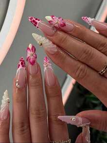 24Pcs/Set Almond Shaped French Manicure 3D Floral-Drop Gradient Elegant Reusable Press-On Nails With 1Pc Gel And 1Pc Nail File, Adding A Daily Wear And Dates Nail Supplies Nails - Nhiều màu 18 - Xem 6