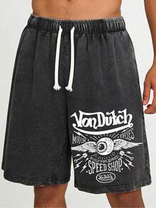 WANHE Men's Washed Shorts / Unisex Style, Couples' Matching Outfit - Ideal Gift For 2026 New Year, Valentine's Day, Romantic Outfits, St. Patrick's Day, Black History Month, Back-To-School Season And Easter-Van Dutch Motor Cycles Speed Shop Printed Washed Shorts For Men Streetwear Casual Summer Outfit  Graphic Design Comfortable Fit Urban Lifestyle Fashion - màu đen - Xem 2
