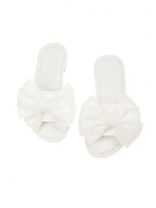 1双女童双层蝴蝶结仿皮防滑软底露趾平底凉鞋，甜美公主风，适合日常穿着、海滩、度假、派对、生日、婚礼等场合。 - 白色 - 查看 9