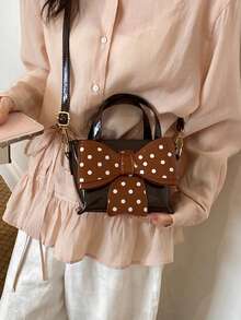 1 pièce Nouveau sac à main élégant pour femme, sac seau bandoulière/croisé, couleur unie en PU avec éléments à pois, décoration nœud papillon, chic et polyvalent pour les sorties, les courses, les rendez-vous, etc. - Tabac - Voir 6