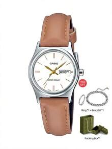 Casio 女士腕表 LTP-V006L-7B2，经典白色表盘搭配罗马数字时标，棕色皮革表带，石英机芯，30米防水，纤薄舒适，适合日常佩戴、工作、办公、约会和正式场合，优雅时尚的女士腕表。 - 手錶+手鍊禮盒 - 查看 12