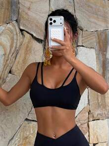 New Style Black Double-Shoulder Yoga Top For Women, Featuring A Flattering Back, Push-Up Design, Slimming, Wire-Free, Suitable For Yoga, Running, And Training. - Black - View 5