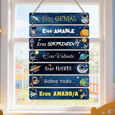 7pcs Spanish Space Baby Room Decoration Hanging - Astronaut Galaxy Posters Spaceman - Wooden Wall Decoration, Cozy Home Decoration For Boys And Girls Room Decoration, Bedroom Decoration, Birthday Decoration, Gender Reveal Party, Clean Girl Room Decor For Girls