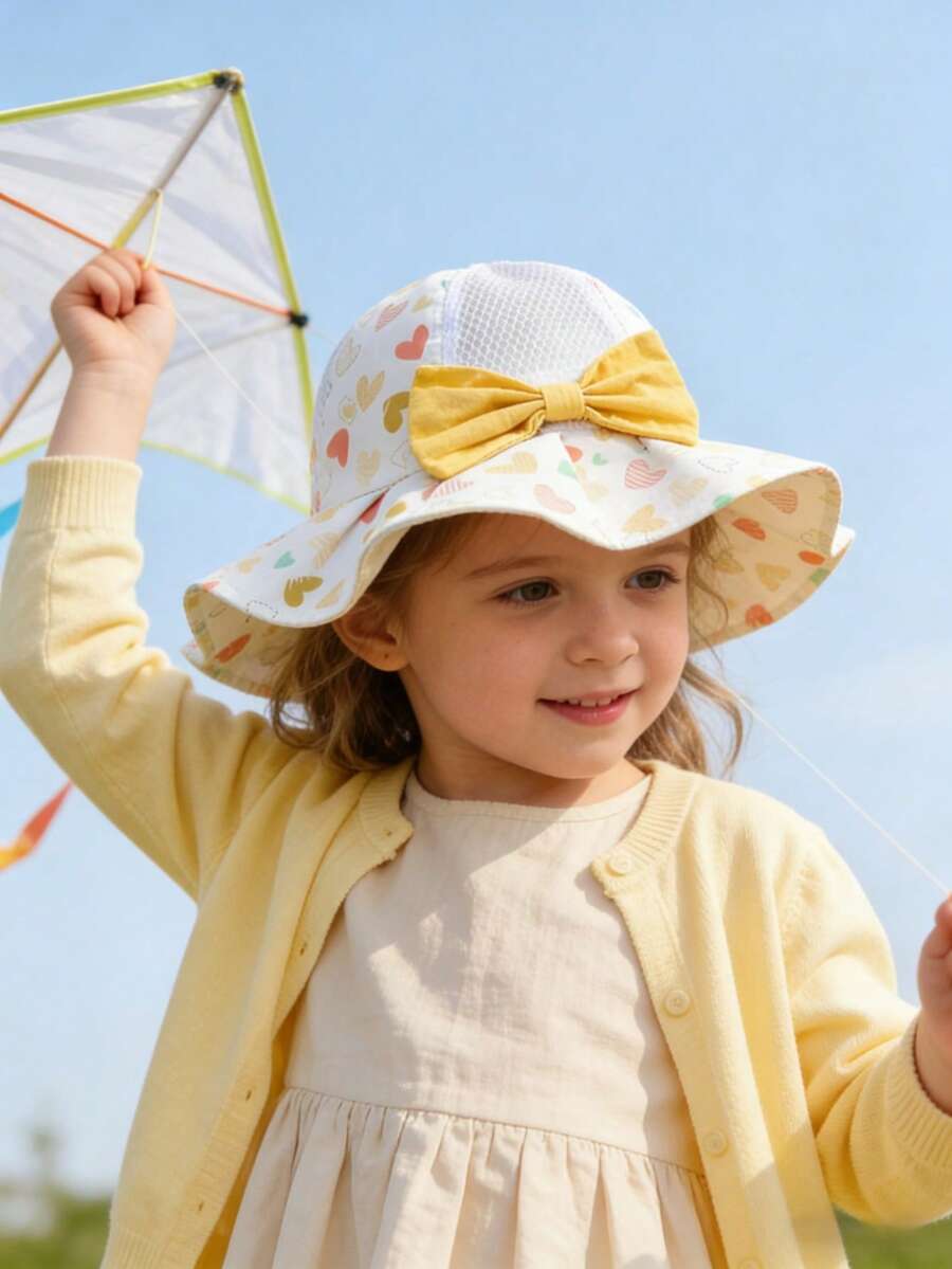 1件亮色花卉圖案遮陽帽,飾有愛心圖案與時尚蝴蝶結,適合2-6歲女孩。適合春/夏季戶外海灘度假與日常防曬,嬰兒帽、女孩帽、女孩配件、遮陽帽、兒童帽 - 彩色 - 查看 1