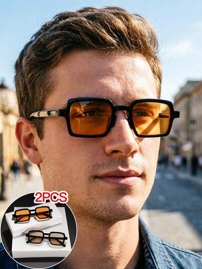 2 PCS Men's Square Fashion Glasses Solid Color Lightweight Polycarbonate Frame Soft Tinted Lenses Casual Style Daily Outdoor Commuting Office Et Style Outfit, With Glasses Box