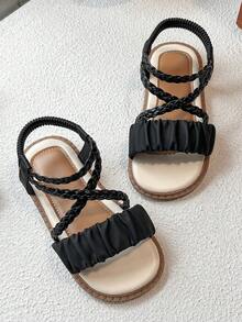 Children's Flat Sandals With Pleated Bands And Woven Straps - Black - View 7