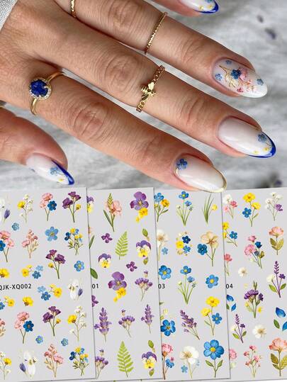 QIANJIKU 4pcs Vintage Realistic Dried Flower Nail Art Stickers - Colorful Boho Wild Flower Tulip Nail Decals Set - Spring/Summer, Wedding, Outdoor Picnic Fresh Style DIY Nail Decoration