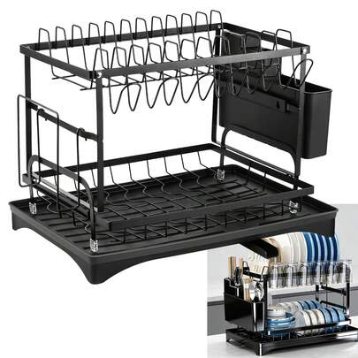 Huini Dish Drainer 2-Tier Dish Drainer With Drip Tray And Drying Mat, Steel Dish Drainer With Utensil Holder, Large Capacity Dish Drying Rack With Draining Board, 44x31x30cm,Black
