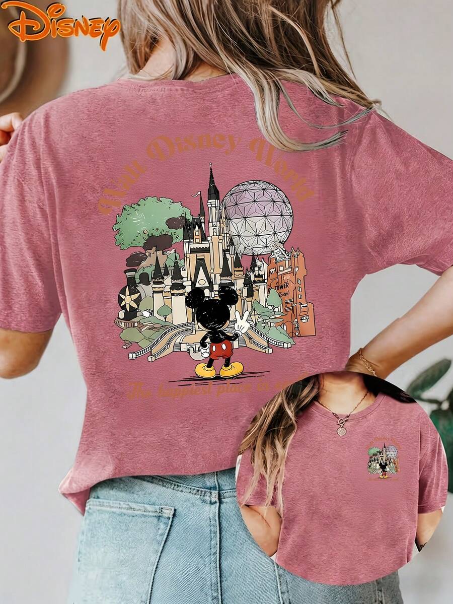 Disney License T Shirts,Disney Mickey Mouse Walt Disney World Graphic T-Shirt, Women's Oversized 4 Parks Castle Print "The Happiest Place On Earth" Short Sleeve Tee, Casual Loose Fit Top For Disney World Vacations, Theme Park Outings, Daily Wear, Disney Trips & Family Vacations ,Camiseta, Summer Outfits For Women, Summer Clothes, Summer Tops, Tops For Women, Festival Outfits, Summer Tops For Women, Mother's Day, Mother's Day Clothing, Gifts For Family And Friends, Spring Outfits For Women, Officially Licensed Disney T-Shirts, Disney Men's And Women's Spring/Summer Fashion Casual Short-Sleeve T-Shirts - Màu Hồng Tươi - Xem 1