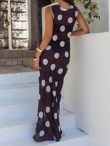 Women's Maxi Dress Boat Neck Sleeveless Vintage Mesh Polka Dot Summer Vacation Outfit - 黑色 - 查看 3