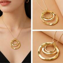 1 pieza Collar de mujer minimalista con colgante asimétrico de triple anillo, cadena de clavícula en tono plateado texturizado, cadena larga minimalista geométrica para el suéter de uso diario - Plateado - Ver 5
