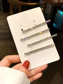 4-8pcs 6cm Fashionable Minimalist Rhinestone Hair Clips, Versatile Daily Use - Silver - View 2