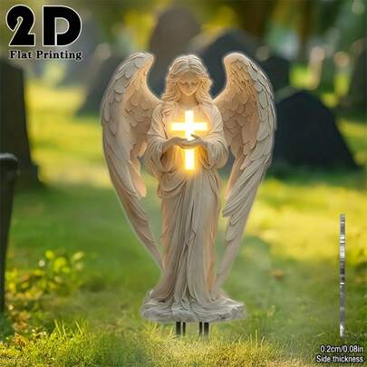 1 chiếc cọc trang trí sân vườn hình thiên thần 2D cầm đèn phát sáng, dùng trang trí sân vườn ngoài trời, trang trí bãi cỏ, cọc trang trí vườn và luống hoa ngày lễ Phục sinh, trang trí tưởng niệm nghĩa trang, bia mộ.
