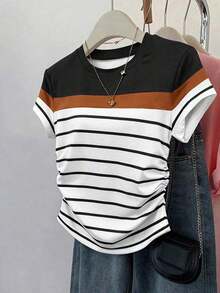 3 piezas Nuevas camisetas de verano de ajuste ceñido para mujer, negro, multicolor, rayas multicolor, uso casual al aire libre, oficina y hogar - Multicolor - Ver 5